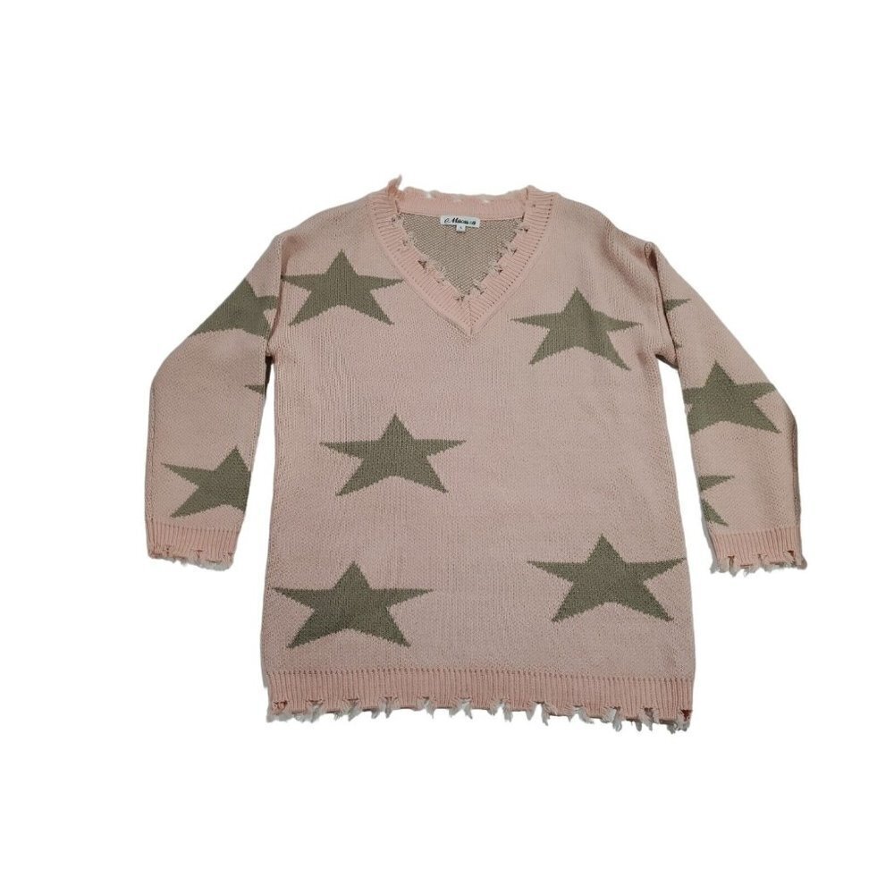 Macaron Pink with Stars Distressed Sweater Size S
